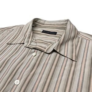 Via‎ Europa Striped Button Up Shirt Mens XL Tan Brown Short Sleeve Rayon Blend